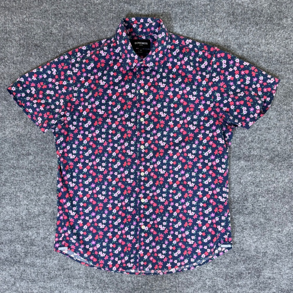 Bonobos Mens Medium Navy Floral Stretch Short Sleeve Button Down Shirt Summer